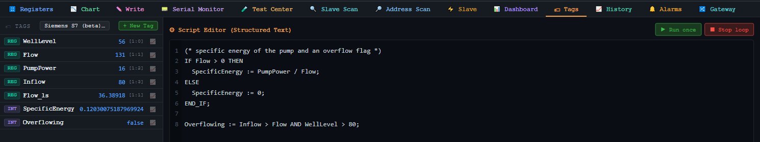 Tags list with register and internal tags and a Structured Text script